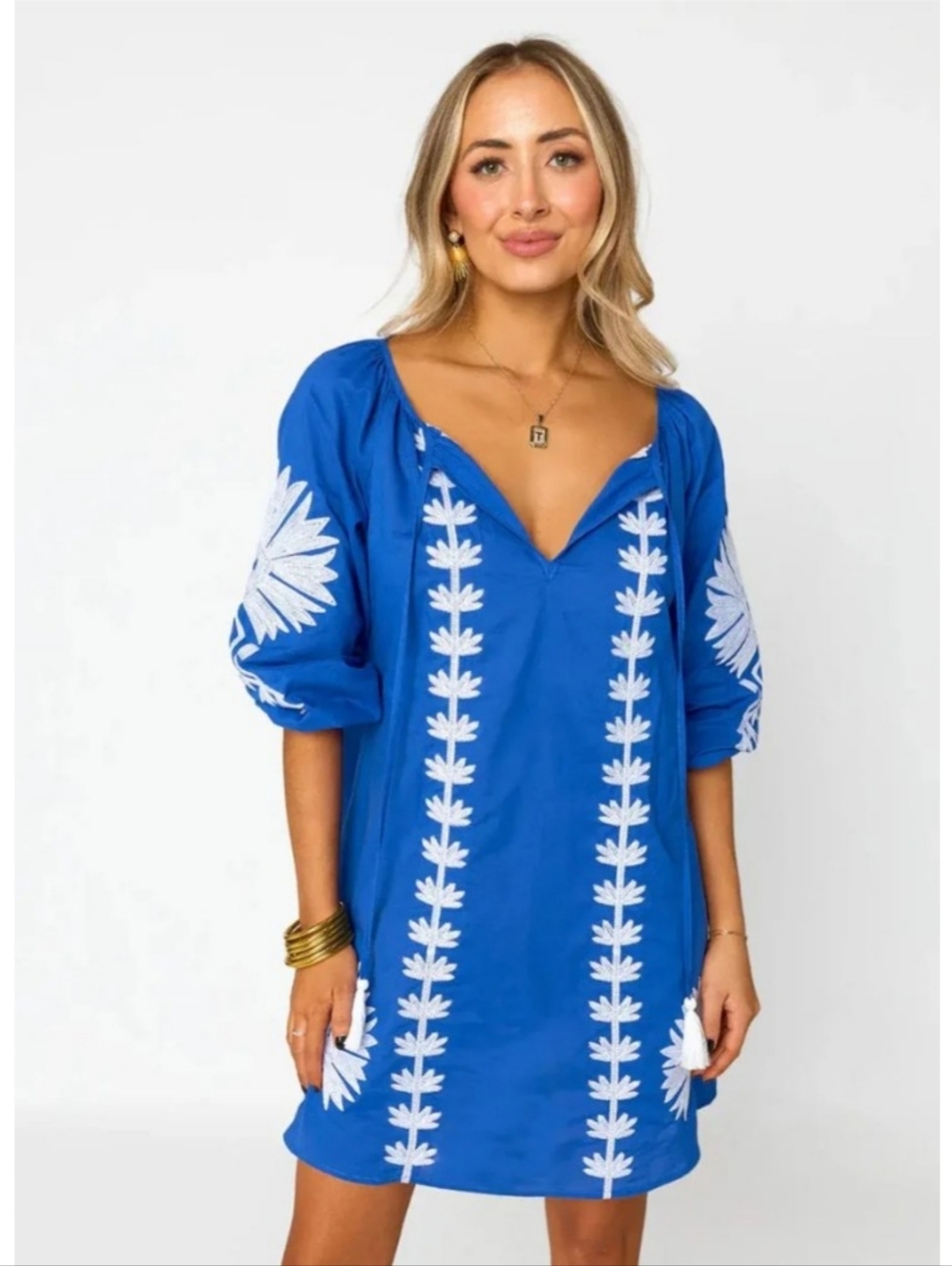 Buddy Love Embroidered Sweetie Ocean Dress S Blue White Boho Shift Tunic Resort